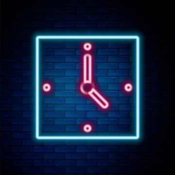 Glowing neon line Clock icon isolated on brick wall background. Time symbol.. Stock Illustration