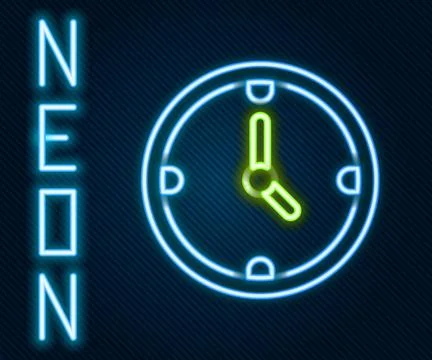 Glowing neon line Clock icon isolated on black background. Time symbol. Col.. Stock Illustration