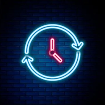 Glowing neon line Clock icon isolated on brick wall background. Time symbol.. 스톡 일러스트