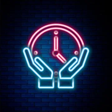 Glowing neon line Clock icon isolated on brick wall background. Time symbol.. 스톡 일러스트