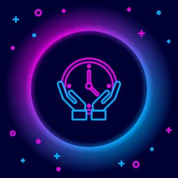 Glowing neon line Clock icon isolated on black background. Time symbol. Col.. Illustrazione stock