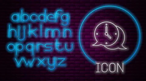 Glowing neon line Clock with speech bubble icon isolated on brick wall Stock Illustration