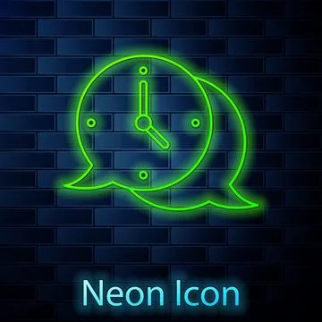 Glowing neon line Clock with speech bubble icon isolated on brick wall backgr Illustrazione stock