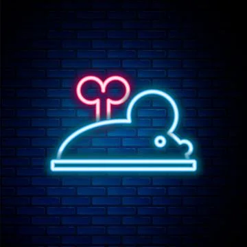 Glowing neon line Clockwork mouse icon isolated on brick wall background. Wind Stock-Illustration