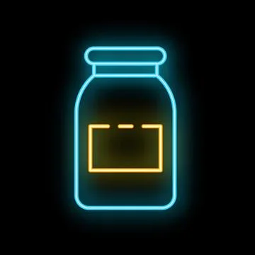 Glowing neon line closed jar with label icon isolated on black background f.. Stock Illustration