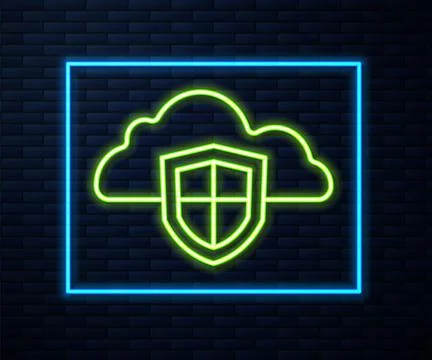 Glowing neon line Cloud and shield icon isolated on brick wall background. Cloud Stock Illustration