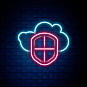 Glowing neon line Cloud and shield icon isolated on brick wall background. .. Illustrazione stock