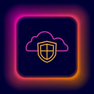 Glowing neon line Cloud and shield icon isolated on black background. Cloud Stock Illustration