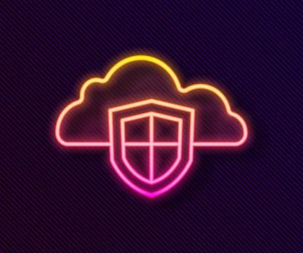 Glowing neon line Cloud and shield icon isolated on black background. Cloud Stock Illustration