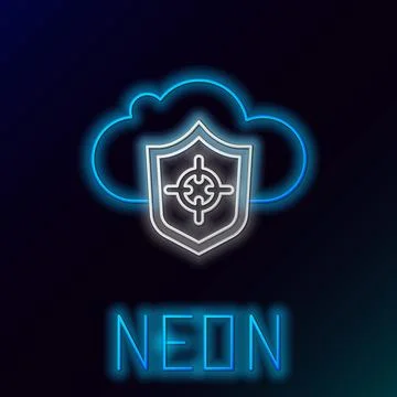 Glowing neon line Cloud and shield icon isolated on black background. Cloud.. Illustrazione stock