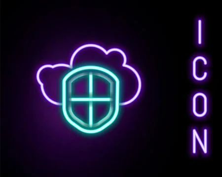 Glowing neon line Cloud and shield icon isolated on black background. Cloud.. Stock Illustration