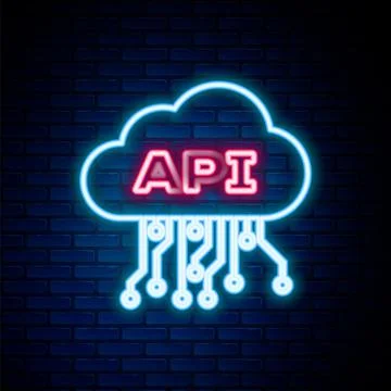 Glowing neon line Cloud api interface icon isolated on brick wall background Stock Illustration