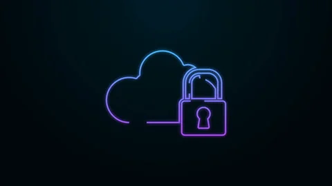 Glowing neon line Cloud computing lock icon isolated on black background Stock Footage 139998928