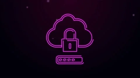 Glowing neon line Cloud computing lock icon isolated on black background Stock Footage 144450200