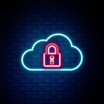 Glowing neon line Cloud computing lock icon isolated on brick wall background Illustrazione stock