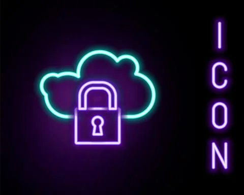 Glowing neon line Cloud computing lock icon isolated on black background Illustrazione stock