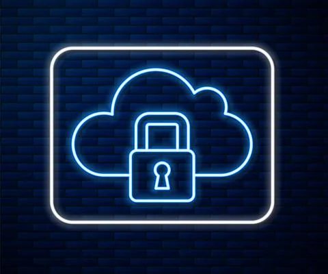 Glowing neon line Cloud computing lock icon isolated on brick wall background Illustrazione stock