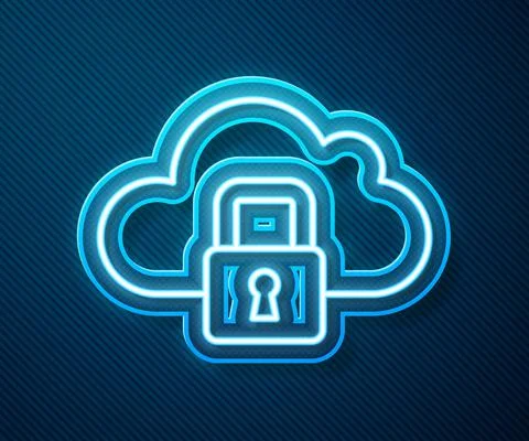 Glowing neon line Cloud computing lock icon isolated on blue background Stock Illustration
