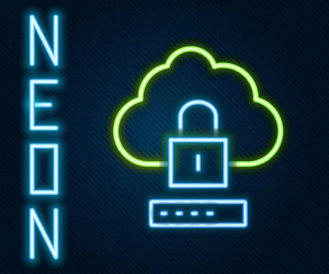 Glowing neon line Cloud computing lock icon isolated on black background Illustrazione stock
