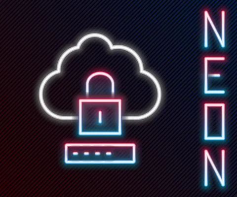 Glowing neon line Cloud computing lock icon isolated on black background Stock Illustration