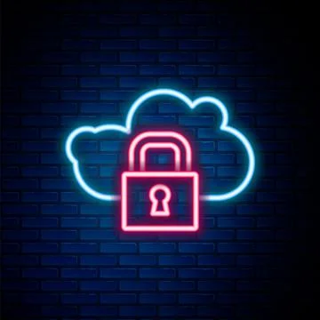 Glowing neon line Cloud computing lock icon isolated on brick wall background Stock Illustration