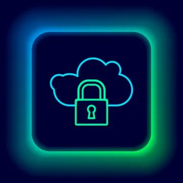 Glowing neon line Cloud computing lock icon isolated on black background Stock Illustration