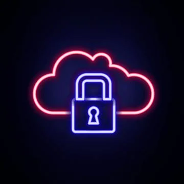 Glowing neon line Cloud computing lock icon isolated on brick wall background Illustrazione stock