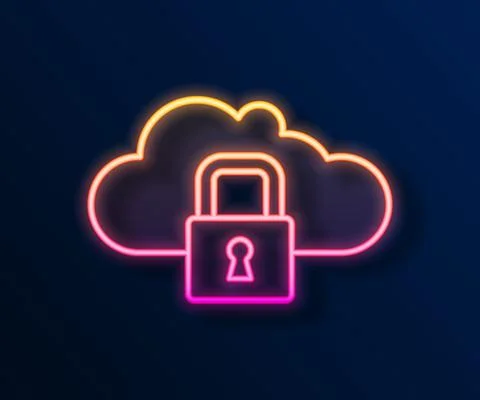 Glowing neon line Cloud computing lock icon isolated on black background Illustrazione stock