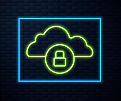 Glowing neon line Cloud computing lock icon isolated on brick wall background Stock Illustration