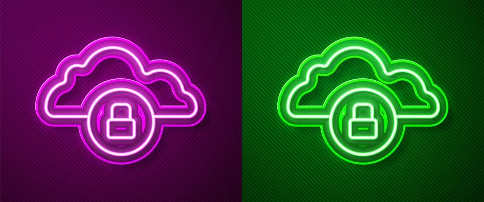 Glowing neon line Cloud computing lock icon isolated on purple and green Illustrazione stock