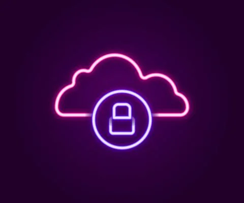 Glowing neon line Cloud computing lock icon isolated on black background Illustrazione stock