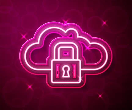 Glowing neon line Cloud computing lock icon isolated on red background. Security Illustrazione stock