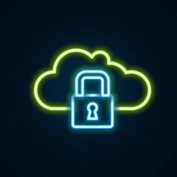 Glowing neon line Cloud computing lock icon isolated on black background Illustrazione stock