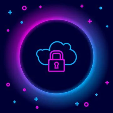 Glowing neon line Cloud computing lock icon isolated on black background. S.. Stock Illustration