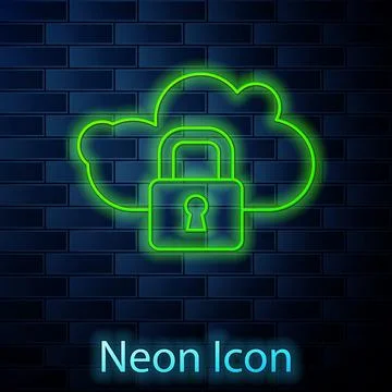 Glowing neon line Cloud computing lock icon isolated on brick wall background イラスト素材
