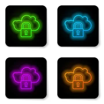 Glowing neon line Cloud computing lock icon isolated on white background. S.. Stock Illustration