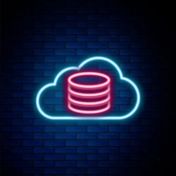 Glowing neon line Cloud database icon isolated on brick wall background. Cloud Illustrazione stock
