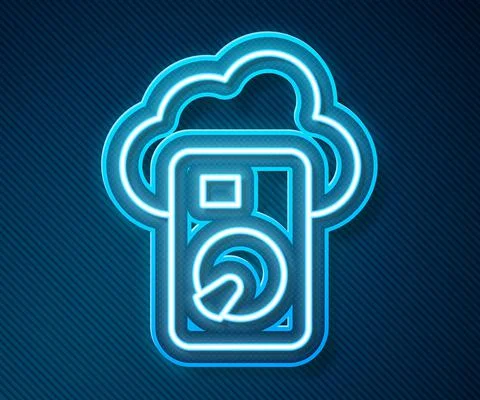 Glowing neon line Cloud database icon isolated on blue background. Cloud Illustrazione stock