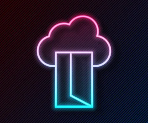 Glowing neon line Cloud database icon isolated on black background. Cloud Illustrazione stock