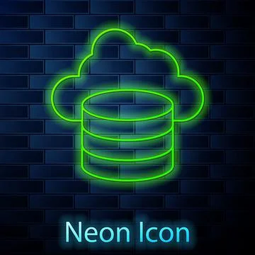 Glowing neon line Cloud database icon isolated on brick wall background. Cloud Stock Illustration