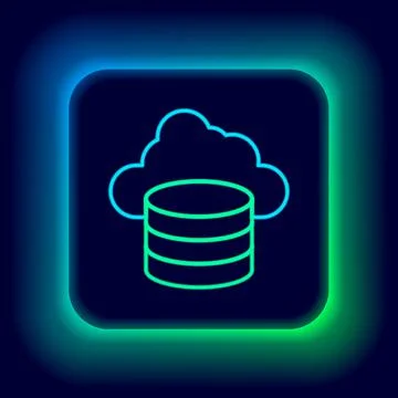 Glowing neon line Cloud database icon isolated on black background. Cloud Illustrazione stock