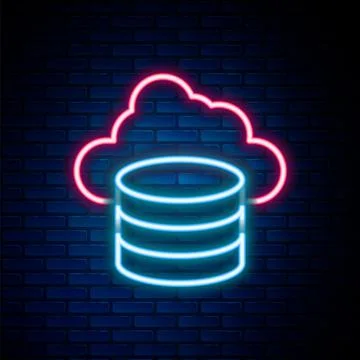 Glowing neon line Cloud database icon isolated on brick wall background. Cloud Illustrazione stock