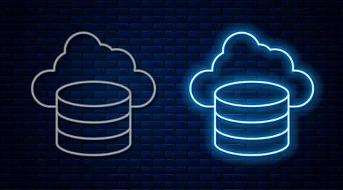 Glowing neon line Cloud database icon isolated on brick wall background. Cloud Illustrazione stock