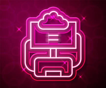 Glowing neon line Cloud database icon isolated on red background. Cloud compu Stock Illustration