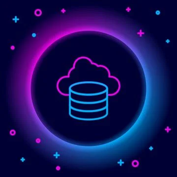 Glowing neon line Cloud database icon isolated on black background. Cloud Illustrazione stock