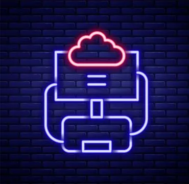 Glowing neon line Cloud database icon isolated on brick wall background. Cloud Illustrazione stock