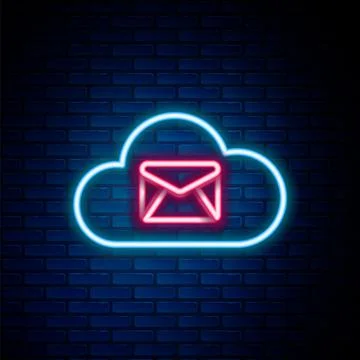 Glowing neon line Cloud mail server icon isolated on brick wall background Illustrazione stock