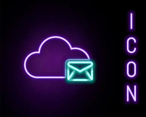 Glowing neon line Cloud mail server icon isolated on black background. Cloud Illustrazione stock