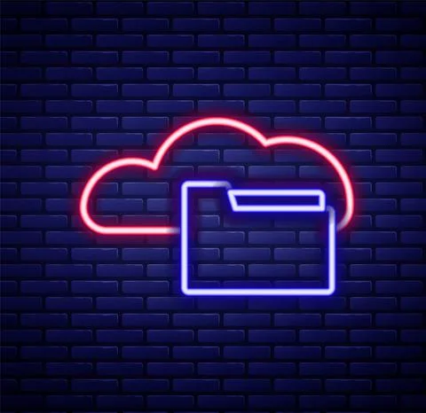 Glowing neon line Cloud or online library icon isolated on brick wall background Stock Illustration