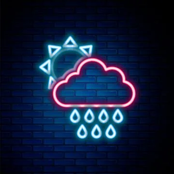 Glowing neon line Cloud with rain and sun icon isolated on brick wall background 库存插图
